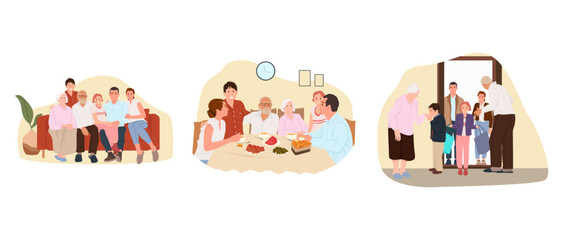 Children, parents and grandparents sitting together. Family visit. Family dinner.