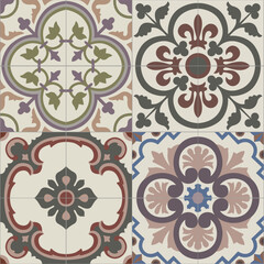 Ceramic tiles. Hydraulic ceramics with Portuguese and Spanish motifs. digital design. Different types of floral decorative ornament. Portuguese and Spanish decoration. Vector illustration.