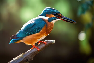 kingfisher on a branch, Alcedo atthis bird, wet, generative ai
