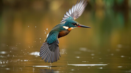 kingfisher flying, Alcedo atthis bird, diving in water, lake, generative ai