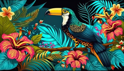Tropical colorful illustration Toucan . Creative illustration. (Ai Generate)