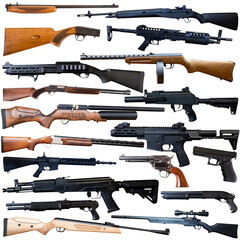 Many types of firearm cutouts isolated over white background.