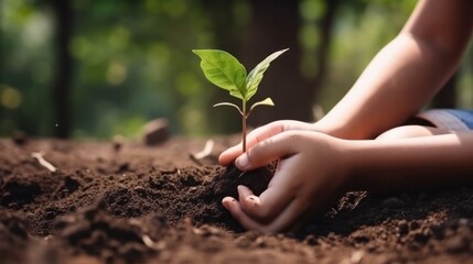 Close up Kid hand planting young tree on black soil. Generative AI.
