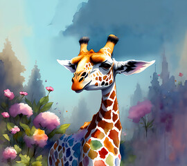 Watercolor painting of a giraffa generative ai