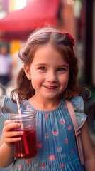 Portrait of a girl drinking a soda in the street
