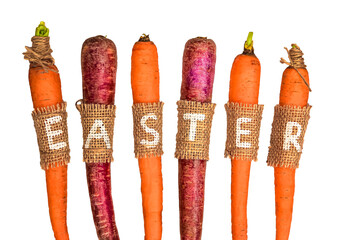 Happy Easter Holiday background.Multicolored Easter carrots isolated on a white background.