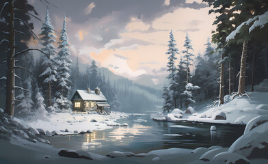 Frosty Haven: A Generative AI Interpretation of a Peaceful Oil Painting Showcasing a Snowy Landscape and Secluded Cabin.