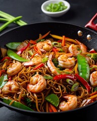 Stir fry noodles with vegetables and shrimps in black iron pan, dark background. Close up. Generative AI