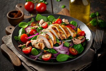 Salad with grilled chicken fillet meat