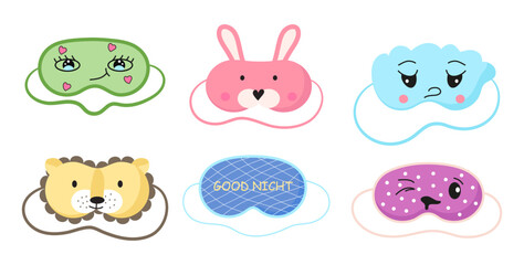 Cute masks for dreaming set vector. Rest relax accessories for night collection. Sleepy mask with eyes, animals face and smiles.