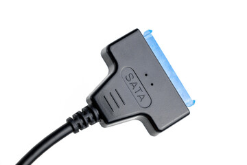 SATA cable for connecting hard drives and solid state drives to a computer. White background