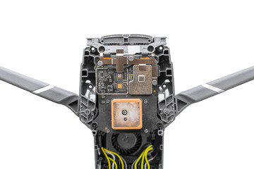 Broken drone after falling on a white isolated background