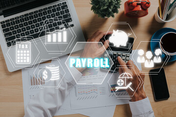Payroll business finance concept, Businessman analyzing financial data with Payroll icon on VR screen, Financial, accounting. - obrazy, fototapety, plakaty