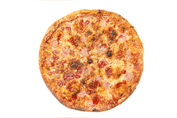 Pizza with pineapple isolated on white background. Hawaiian pizza top view.