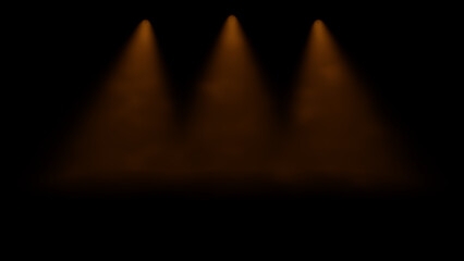 Fototapeta na wymiar atmospheric dark golden background - three spotlights shine through dusty air on a black stage