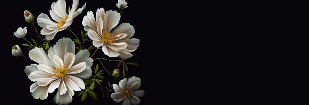 a painting of white flowers on a black background, generative AI