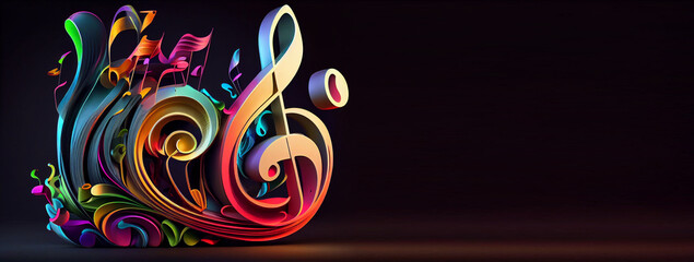 Music stave and treble clef colorful splash illustration on black background, horizontal banner with copy space. Generative AI