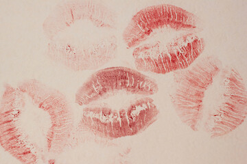 Photography of the imprint of red lipstick, kiss, beautiful red lips