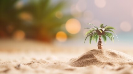Fototapeta na wymiar Miniature plastic palm tree in the sand with copy space. Generative AI.