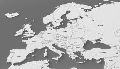 Obraz premium 3d map of Europe with borders on the gray background. Political map of Europe with names of the countries. 3D illustration.