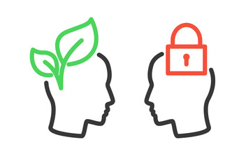 Growth mindset vs fixed mindset line icons. Clipart image isolated on white background