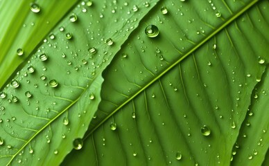 Green Leaf with water drops, macro view
