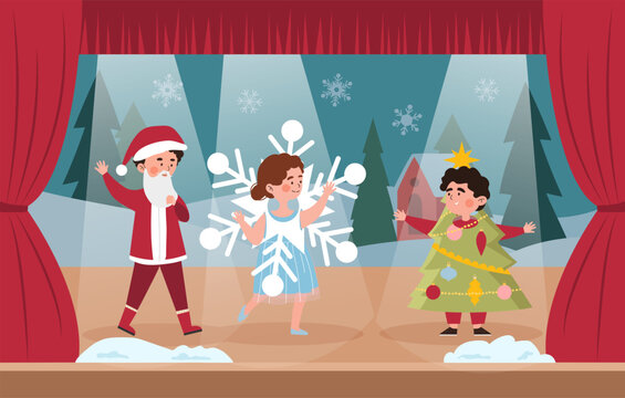 Children in costumes on stage. Boy in santa claus costume, girl in snowflake and schoolboy at Christmas tree. Performance on theater stage. Kids dancing at scene. Cartoon flat vector illustration