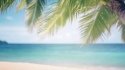 Beach with blurred Palm and tropical beach background, Summer vacation and travel concept. Copy space. Generative AI.