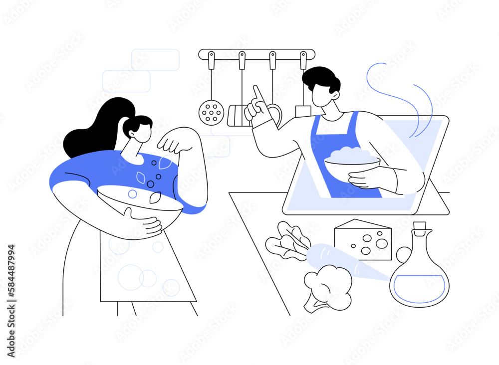 Sticker Online cooking tutorial abstract concept vector illustration.