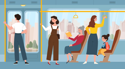 Inside public transport. People travel by train, urban infrastructure. Passengers and tourists inside vagon. Journey and trip. Citizens reading, standing and talking. Cartoon flat vector illustration