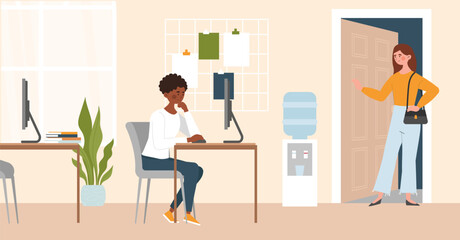 Person opens office door. Woman comes to workplace, organizing effective workflow. Workdays and routine. Worker exiting doorway, employee finish his job concept. Cartoon flat vector illustration - obrazy, fototapety, plakaty