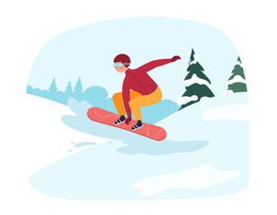 Snowboarding on mountains. Young guy rolling down mountain in red suit and goggles. Winter season and outdoor activity. Man doing extreme sport. Cartoon flat vector illustration