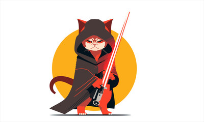 funny cartoon cat in the costume of the hero of the a fantastic film with sword vector illustration - 584489112