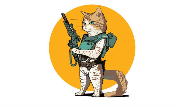 funny cartoon cat in the costume of the hero of the a fantastic film with space gun vector illustration 
