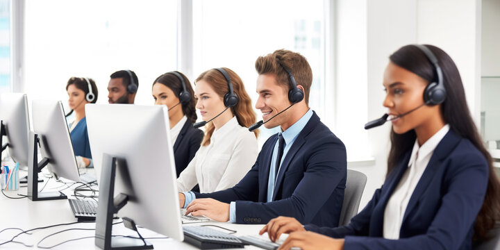 A group of young specialists in a call center, wearing headsets, are working in an office as agent operators. They are focused on business telemarketing services. digital ai art