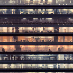 Seamless pattern texture of the facade of the building of the business center with windows in which offices at dawn. AI generation