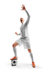 Soccer winner. Professional soccer player celebrate victory. Soccer celebration. Isolated on white background