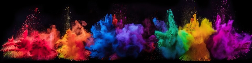 Obraz na płótnie Canvas Panoramic banner with holi powder explosions, vibrant colors, multicolor, abstract AI generative panorama
