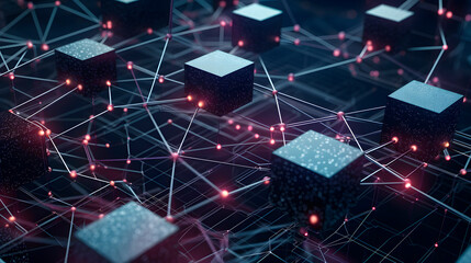A close-up of a blockchain network with interconnected blocks and data fields