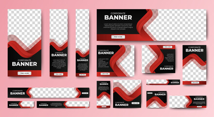 Red and Black Web banners templates, standard sizes with space for photo, modern design. vector	
