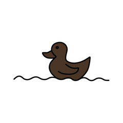 the brown duck is swimming in the wavy pool