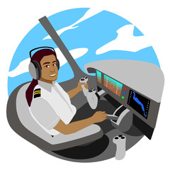 A woman piloting an airplane, smiling in the cockpit as she flies through the blue sky.