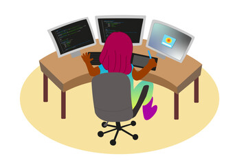 Woman sitting in front of three monitors programming and designing an app