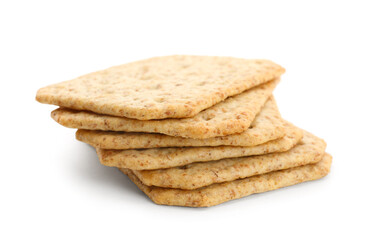 Stack of tasty crackers isolated on white background