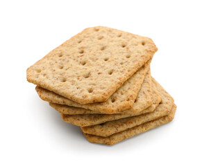 Stack of tasty crackers isolated on white background