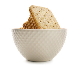 Bowl with tasty crackers isolated on white background