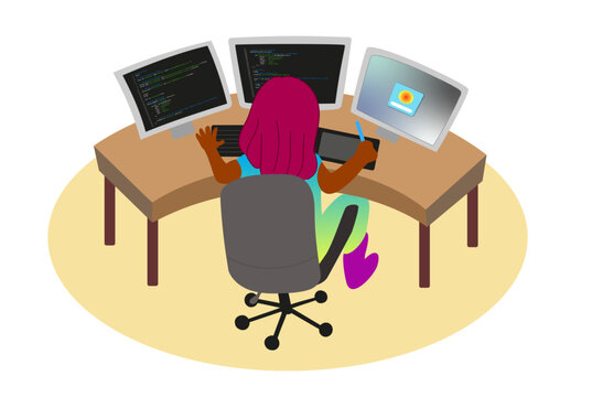Woman sitting in front of three monitors programming and designing an app