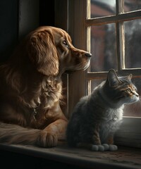 A dog and a cat together looking out the window