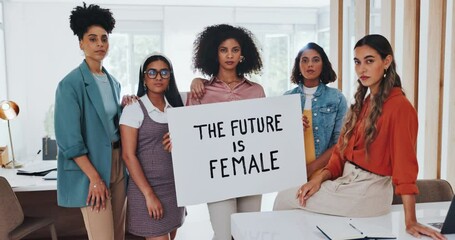 Office women with protest sign for equality, empowerment and equal pay for corporate female staff. Activism, gender equality and fair payment in business with leadership and justice for girl power.