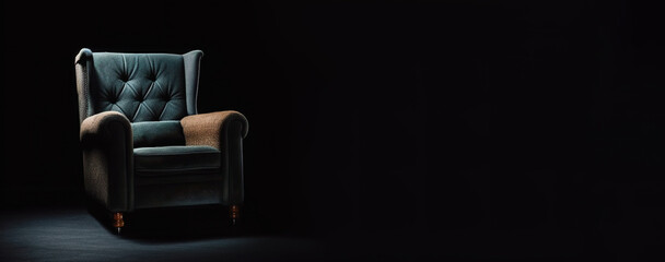 Single cyan and brown armchair on black background, AI generative panoramic banner with copy-space